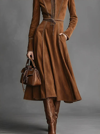 Elegant Suede Vintage Women's Dress Brown Zipper Slim Lace Up A-Line Autumn High Street Chic High Neck Long Sleeve Midi Dresses