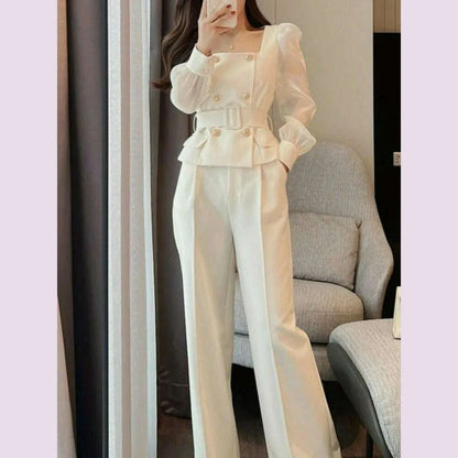 Sets Women Chic Korean Style Spring New Graceful Square Collar Tops Simple Wide Leg Pants Temperament Office Ladies Two Pieces