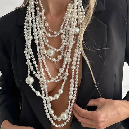 SHIXIN Exaggerated Multi-layer Imitation Pearl Choker Necklace Women Luxury Long Tassel Pendant Sweater Chain Bridal Wed Jewelry