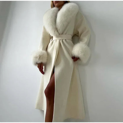 Elegant Fur Patchwork Woolen Coat Women Chic Full Sleeve V-neck Lace Up Loose Long Overcoat 2025 Lady Winter Commute Outwear