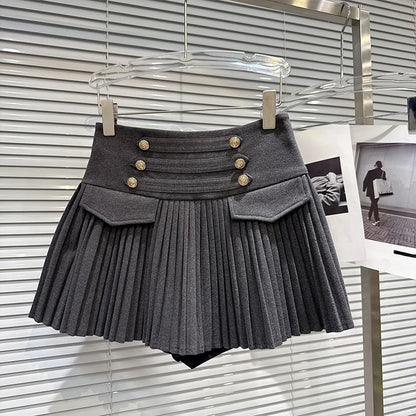 DEAT Trendy 2026 Autumn New Elegant Double Breasted Faux Woolen High-Waisted Pleated Skirt For Women A-line Skirts 11C320