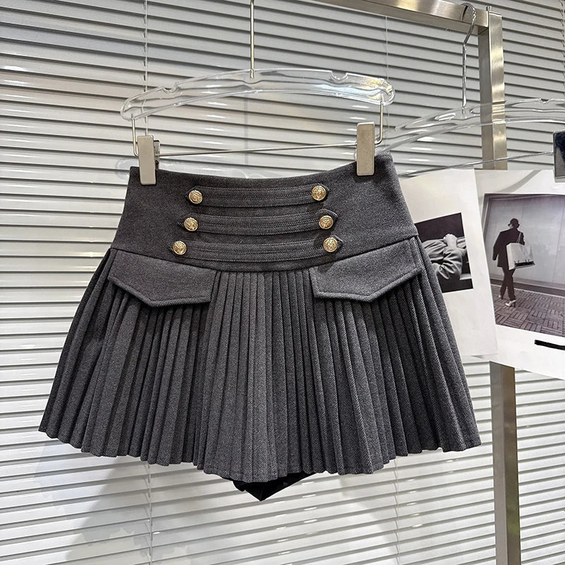 DEAT Trendy 2026 Autumn New Elegant Double Breasted Faux Woolen High-Waisted Pleated Skirt For Women A-line Skirts 11C320
