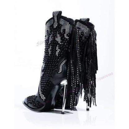 Black Tassel Crystal Decor Ankle Boots Pointed Toe Shoes for Women Thin High Heels Sexy Runway Shoes 2025 Zapatos Para Mujere