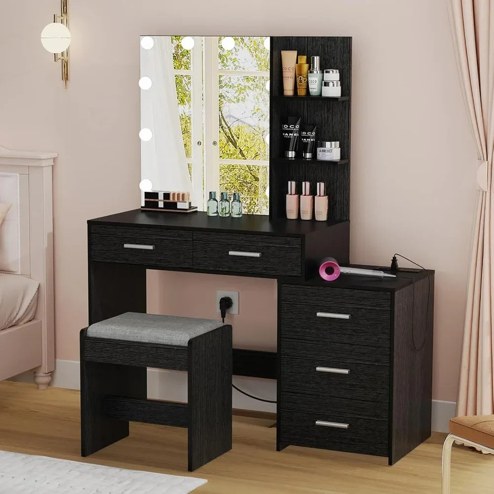 Large Vanity Desk with Mirror & 10 LED Lights, Makeup Vanity Dressing Table with Power Strip, Storage Shelves & 5 Drawers