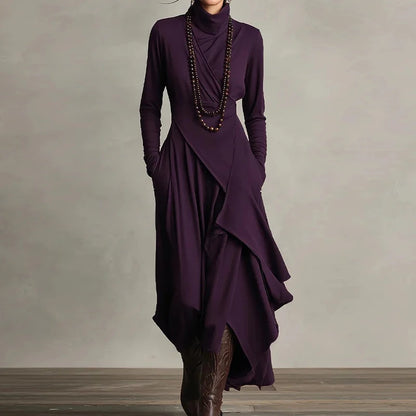 Spring Autumn Long Sleeve Solid Party Dress, Women Holiday Turtleneck Simple Irregular Dress, New Fashion Patchwork Ladies Dress