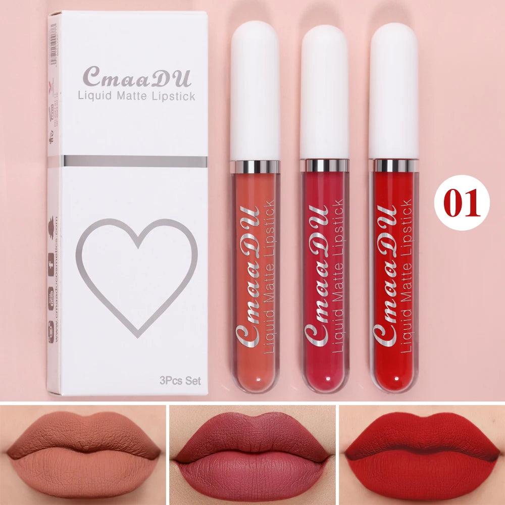 3 Pcs Matte Lipstick Lip Gloss Sets Long-Lasting Non-Fading Waterproof Non-stick Cup Exquisite Gift Everyday Holiday Universal