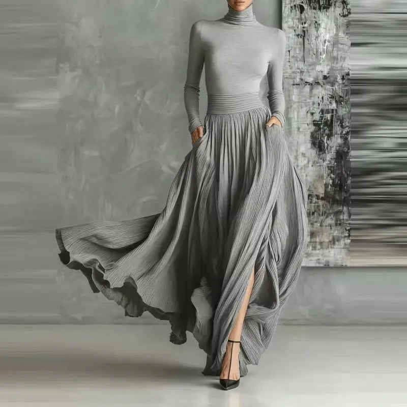 France Elegant Two Piece Skirt Set for Women's Pockets Solid Minimalist Split Hem Pleated A Line Vintage Turtleneck Slim...