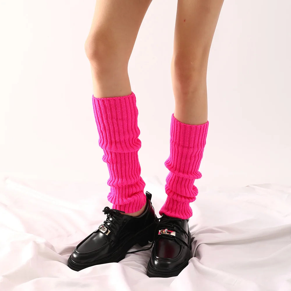 Women Halloween 80s Neon Colored Knit Leg Warmers Ribbed Bright Footless Socks Punk Black Knee High Gothic Hip-hop Rock Sock