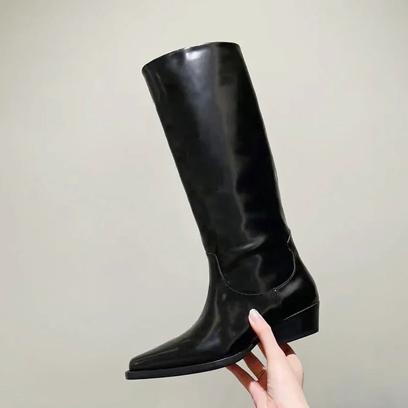 Square Toe Metal Decoration Block Heel Knee-High Boots Woman Winter 2025 New In Black Slip-On Boots Fashion Shoes for Women