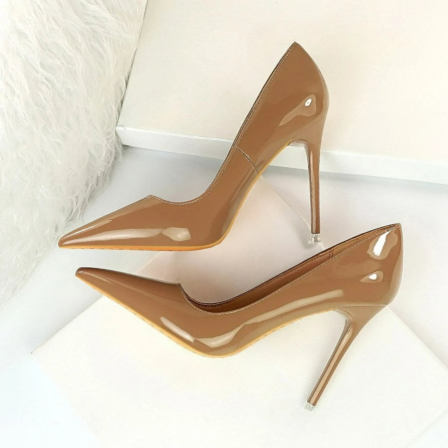 Fashion Women's High Heels Shallow Pumps Simple Office Shoes Pointed Toe Ladies Wedding Shoes Sexy Painted Leather Women Shoes