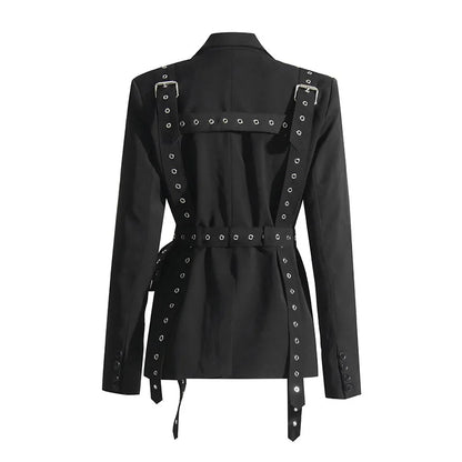 Women's Solid Color Temperament Suit Jacket 2025 Autumn Notched Single Breated Belted Slim Biker Motor Style Casual Blazer