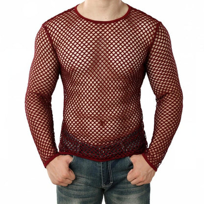 Men Transparent Sexy Mesh T Shirt 2024 New See Through Fishnet Long Sleeve Muscle Undershirts Nightclub Party Perform...