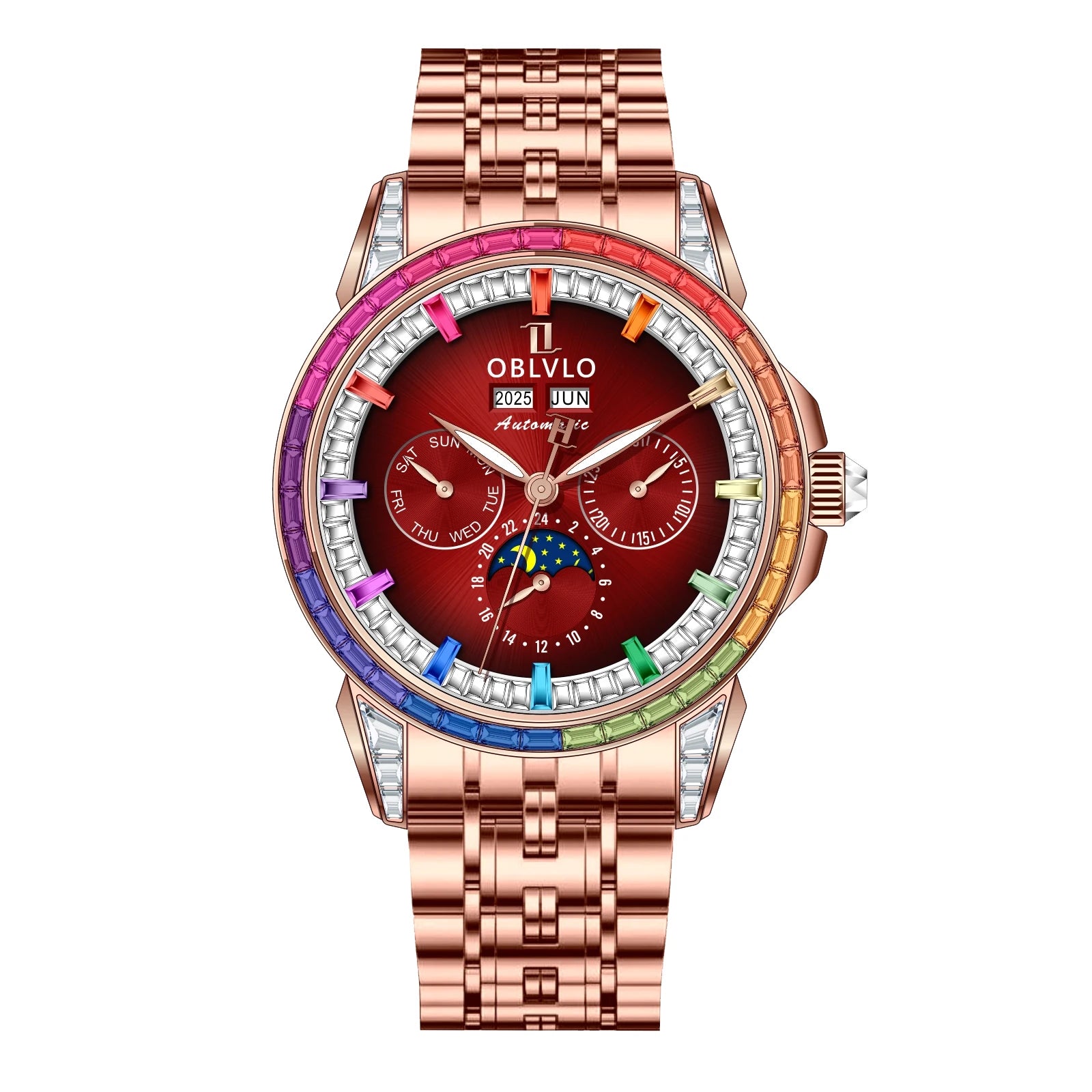OBLVLO Men's Fashion Automatic Watch Colorful Zircon Moonphase Mechanical Multifunctional Black Leather Strap Timepiece...