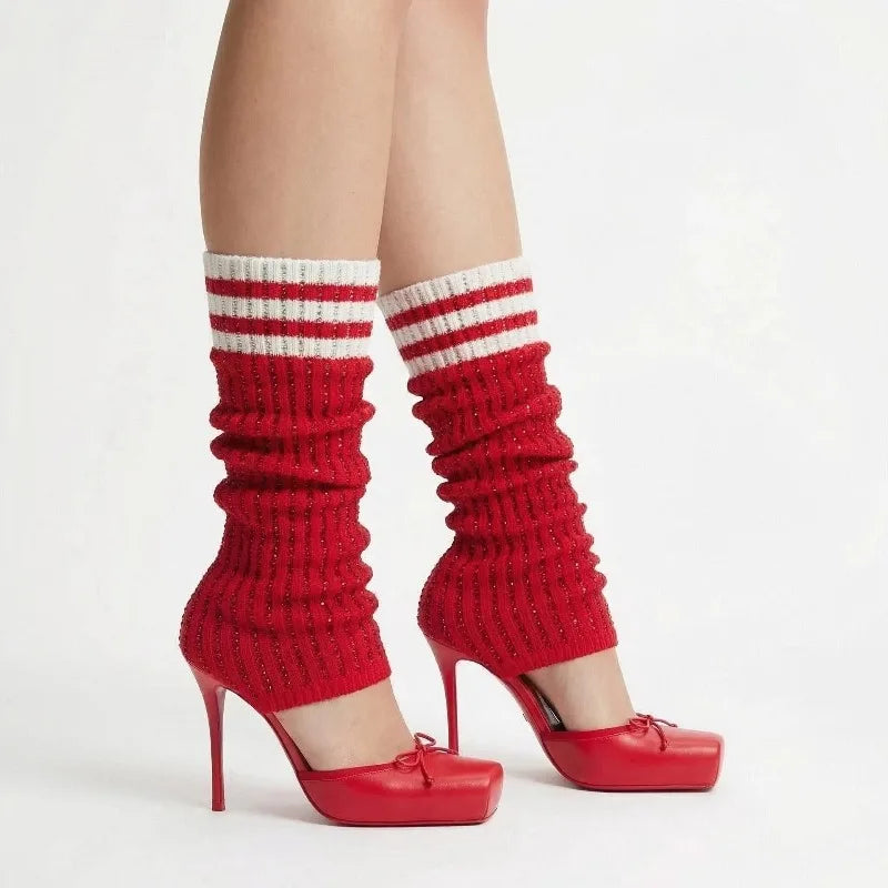 European AndAmerican Trendy High-heeled Square Toe Ballet Shoes for Women,sexy Rhinestone Bow Bag and Long Tube Socks,cool Boots - Kimlud