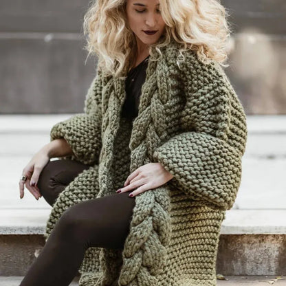 Hand-woven Split Wild Tassels Hook Twist Sweater Coat Crocheted Cardigan Autumn and Winter Thick Long Lantern Sleeve...