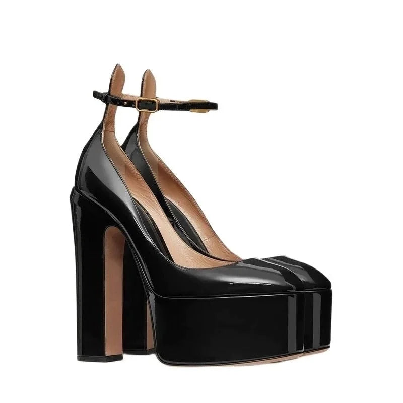 Europe And America Ultra High Heels Platform Women's Sandals Round Toe Crude Heel Female Pumps Patent Leather Lady Single Shoes - Kimlud