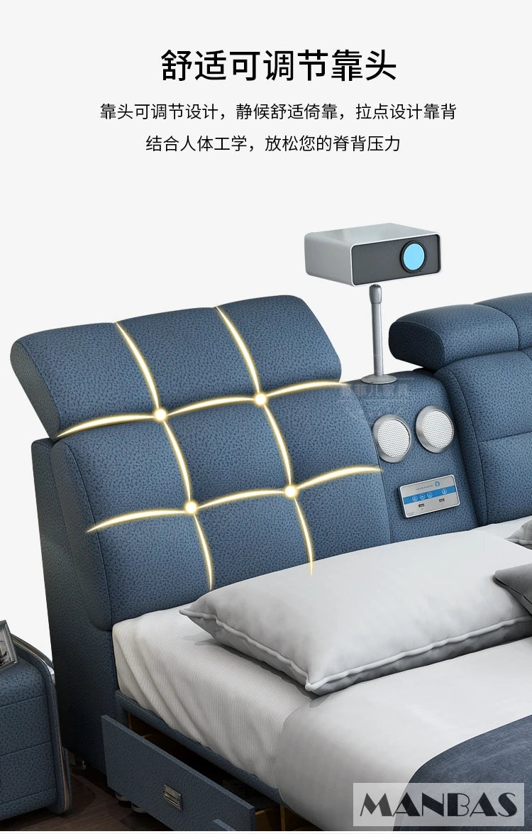 Linlamlim Ultimate Tech Smart Bed - Multifunctional Bedframe with Genuine Leather and Bluetooth Speaker, Drawers,...