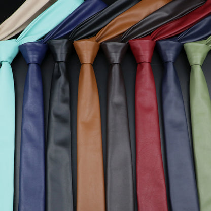 Men's New Novelty PU Leather Ties Casual Solid Colorful Red Black Blue Pink PU Neckties Necktie Wedding Business Suit...