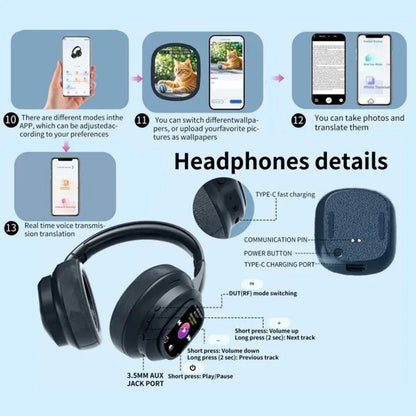 AI LCD Touch Screen Shock Bass Headsets HIFI Sound Wireless Bluetooth Headphones ANC Noise Reduction Gamer Earphones With Mic