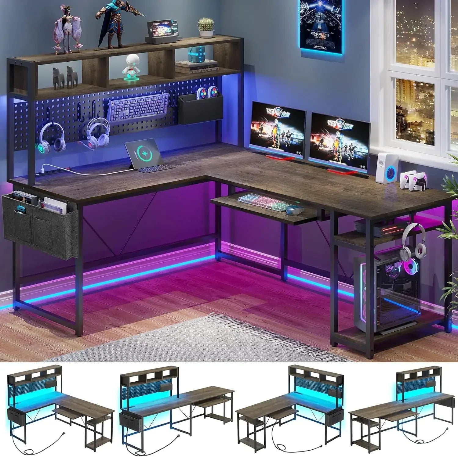L Shaped Computer Desk, Reversible Corner Desk with Power Outlet and Pegboard, Computer Desk with Led Lights Customized