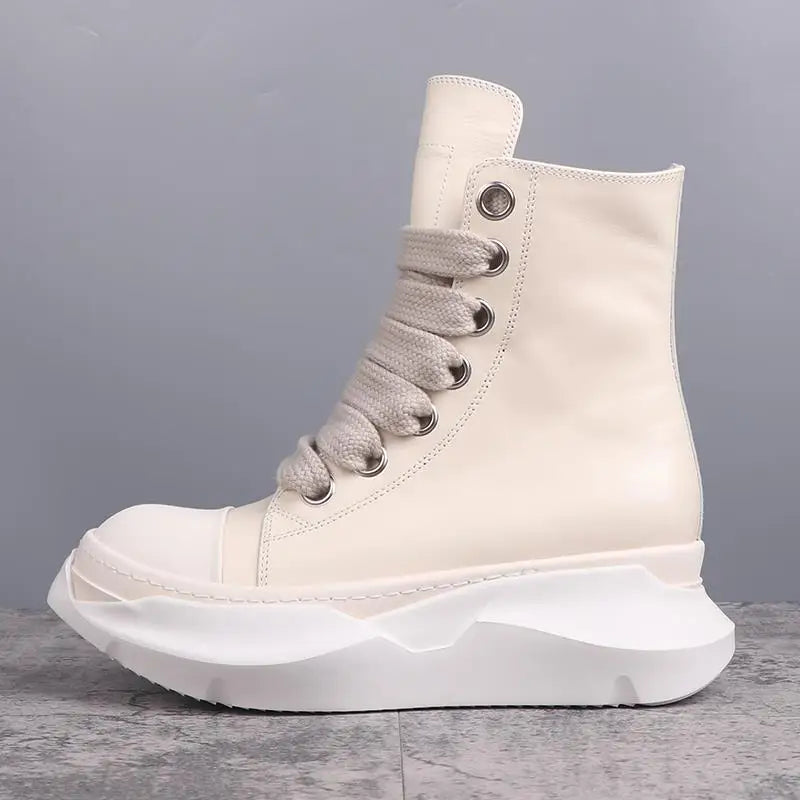 Men High Top Boots Casual Women Platform Heels Sneakers Leather Luxury Thick Lace Up Zip Autumn Black White Shoes