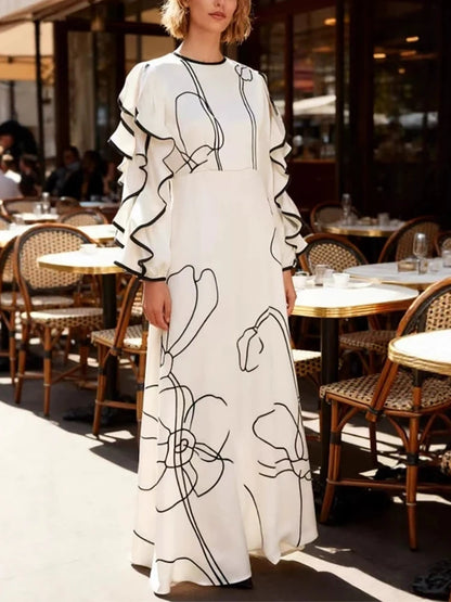 2026 Spring Summer Ruffled Flared Women Dress Boho High Waisted Casual Color Block Dress Hollowed Out Long Sleeve Holiday Dress