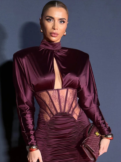 VC Elegant Burgundy Satin Mini Dress with Lace Corset Detail Long Sleeve High Neck Ruched Party Dress for Evening Events & Prom