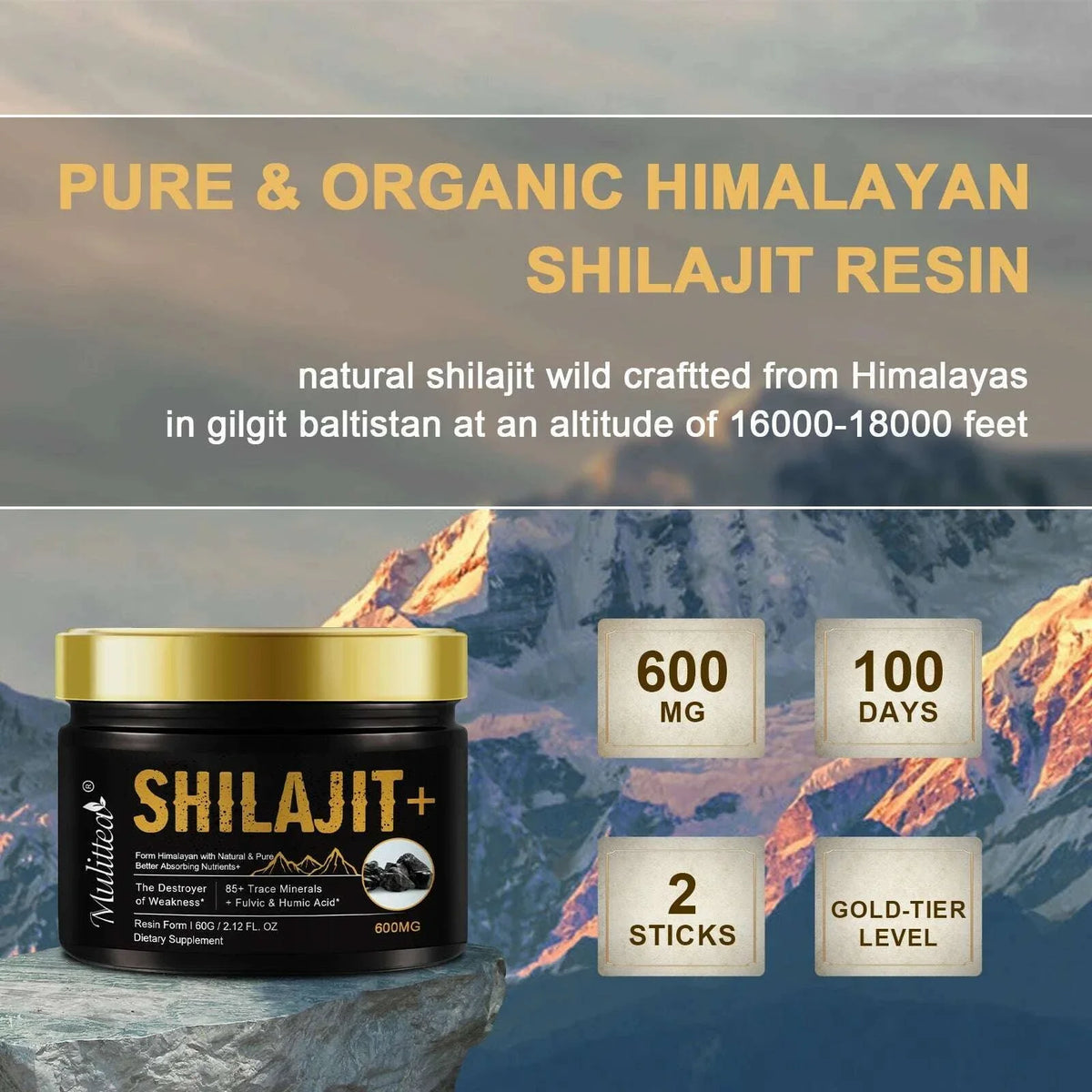 Mulittea 100% Pure shilajits with 85+ Trace Minerals & Fulvic Acid Support Immune and Metabolic Health Brain Focus and Memory