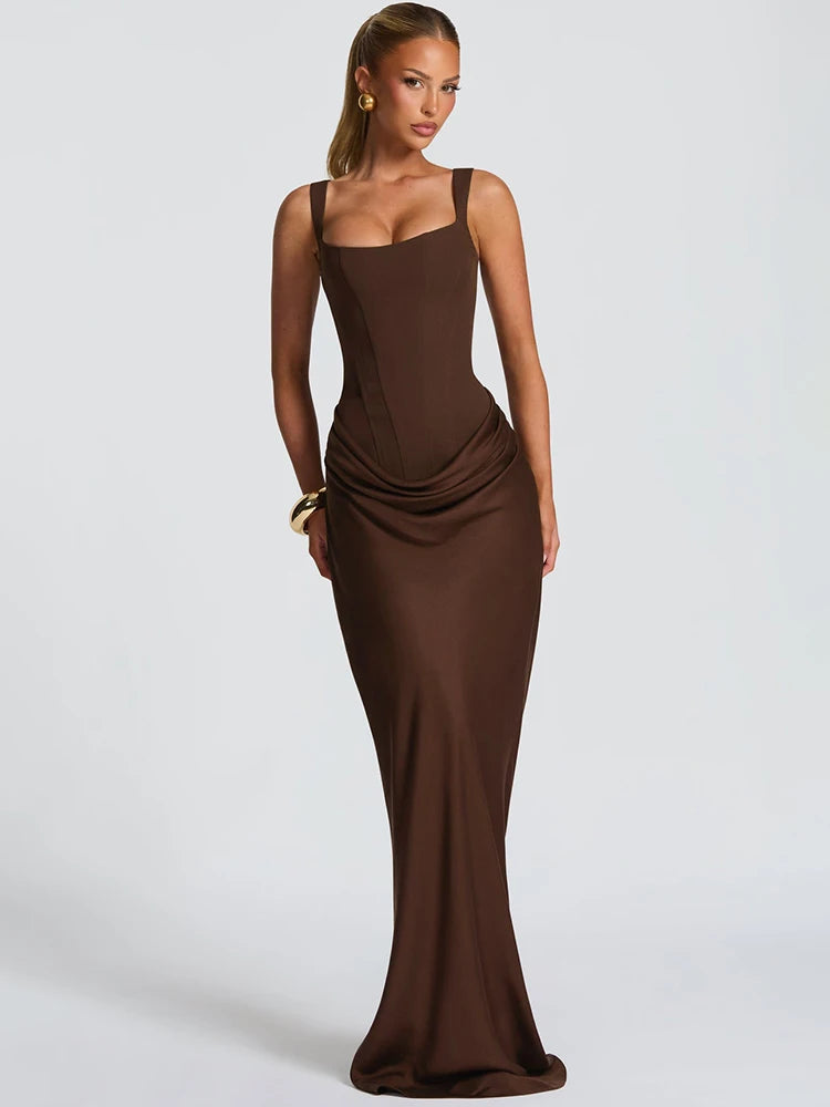 Mozision Elegant Backless Sexy Maxi Dress Women Gown Fashion Square Collar Sleeveless Skinny Ruched Club Party Long...