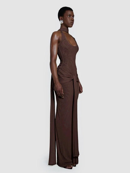 Sexy Backless Folds Long Dress with Ribbon Women Brown Halter Sleeveless Sparkly Draped Bodycon Celebrity Evening Party Gowns