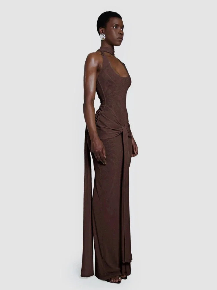 Sexy Backless Folds Long Dress with Ribbon Women Brown Halter Sleeveless Sparkly Draped Bodycon Celebrity Evening Party Gowns