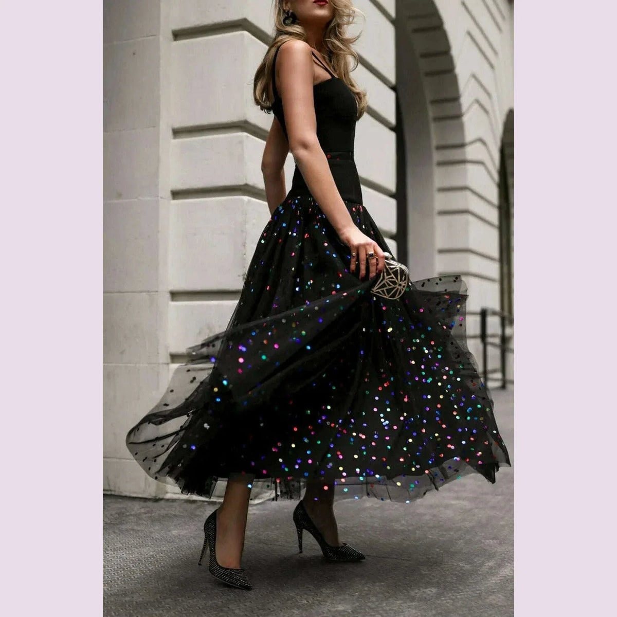 Sequin Mesh High Waist Skirt Plus Size Pleated A-Line High Street Elegant Wedding Guest Sweet Skirts 2024