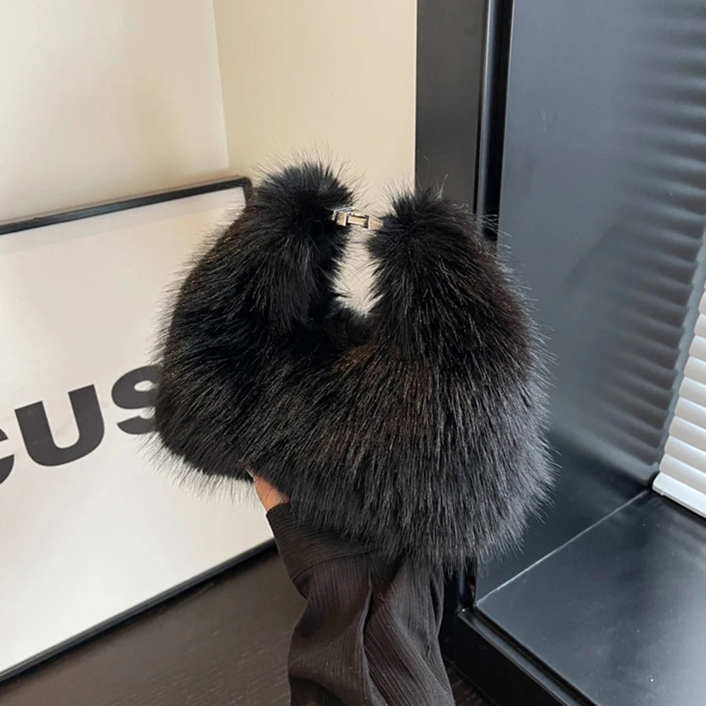 Women Faux Fur Shoulder Bag Adjustable Strap Fluffy Crossbody Bag Solid Color Handbag Hobo Bag for Travel Party