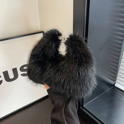 Women Faux Fur Shoulder Bag Adjustable Strap Fluffy Crossbody Bag Solid Color Handbag Hobo Bag for Travel Party