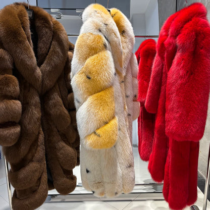 YOLOAgain Luxury Real Fox Fur Jacket Women Long Fur Coat 2025 Winter Warm