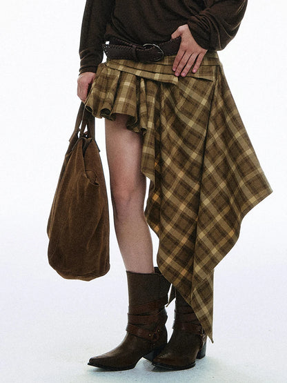 TWOTWINSTYLE Chic Boho Asymmetric High Low Skirt for Women Plaid Tartan Wrap Ruched Waist Handkerchief Hem Ruffle Mini for Daily - Kimlud