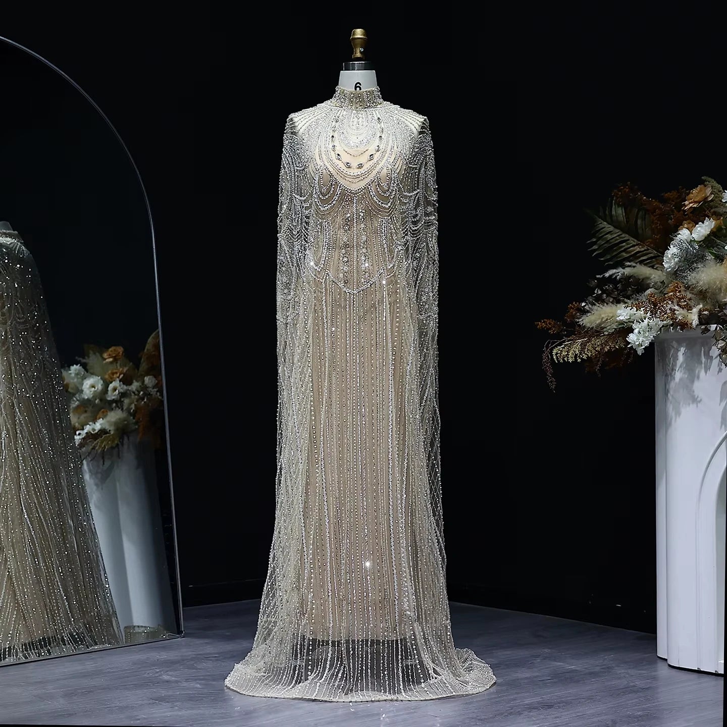 Jancember LSZ080 Luxury Beaded Nude Arabic Evening Formal Party Dresses With Shawl | Kimlud Luxury Dress
