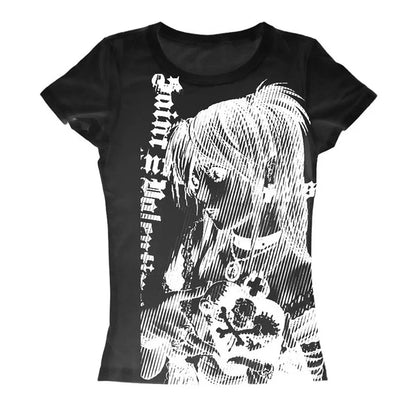 Women's Y2K Anime Streetwear O-Neck 90s Text Print Top Harajuku Vintage Crop Tee Aesthetic Emo Casual T-Shirt