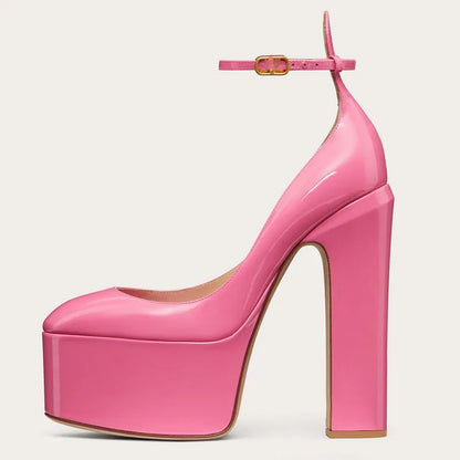 Women New European And American Style Super High Heels Patent Leather Round Toe Thick Sole Large Size Thick Heel Shoes