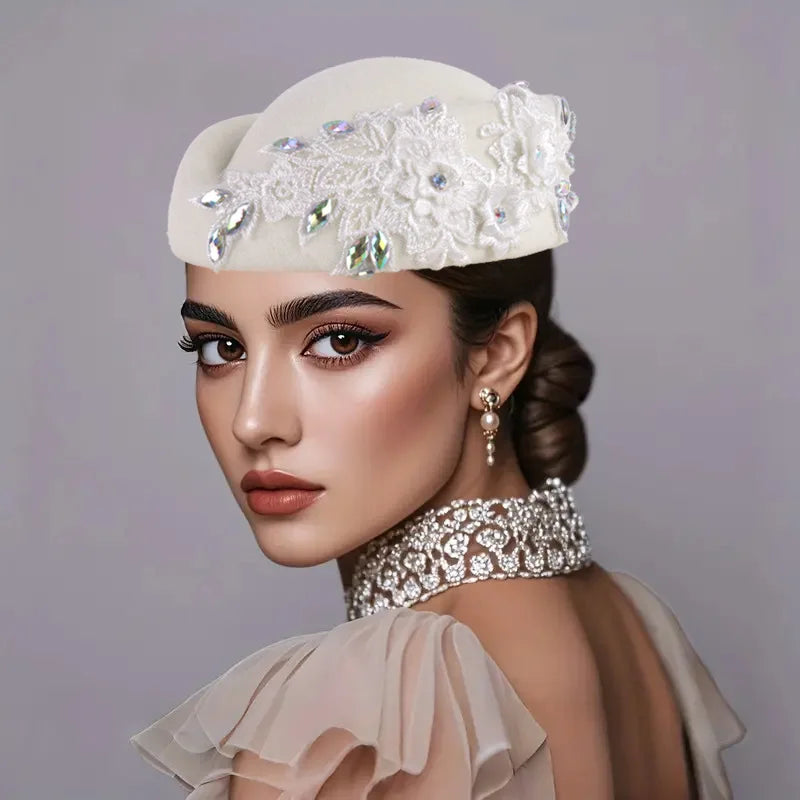 Wedding Hats Red White Cocktail Evening Party Cap for Female with Flower Church Beret Hat Cosplay Caps Costume Accessory