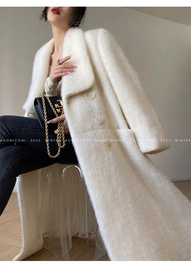 Lautaro Winter Long Vintage White Thick Warm Fluffy Wool Blends Coat Women Double Breasted Elegant Luxury Designer...