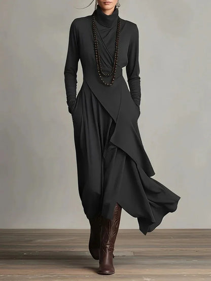 Vintage Irregular Cross Dress for Women Long Sleeve Solid Turtleneck Simple Fashion Casual Spring Holiday Long Dresses - Kimlud