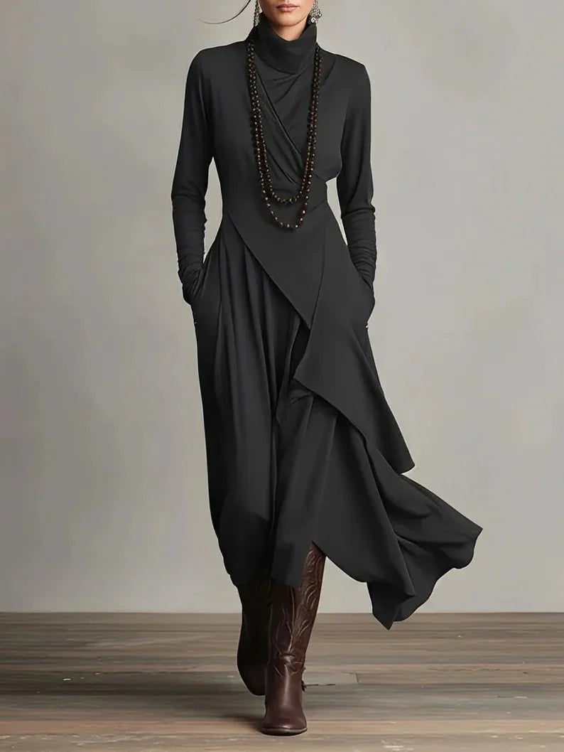 Vintage Irregular Cross Dress for Women Long Sleeve Solid Turtleneck Simple Fashion Casual Spring Holiday Long Dresses - Kimlud