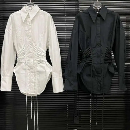 DEAT Fashion Women's Waist Strap Shirt For Women Niche Design Solid Color Long Sleeve Shirt Top Female 2024 Autumn New 11A01701