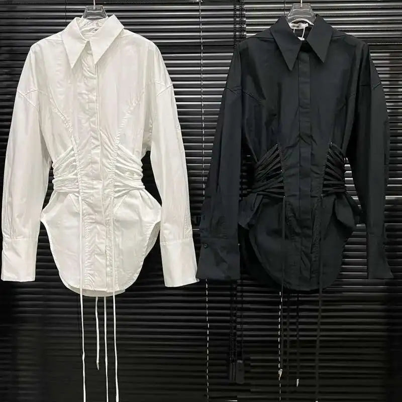 DEAT Fashion Women's Waist Strap Shirt For Women Niche Design Solid Color Long Sleeve Shirt Top Female 2024 Autumn New 11A01701