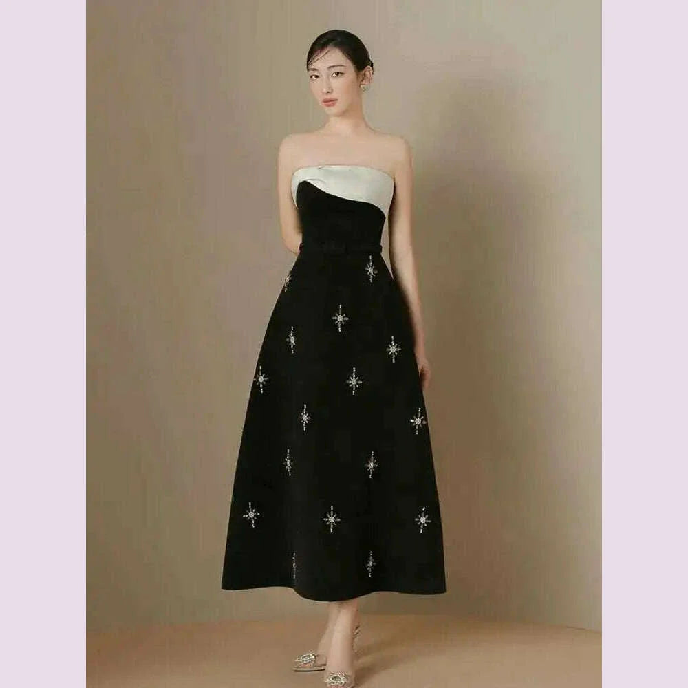 DEAT Elegant Dress Spliced Diamonds Contrast Color Strapless Sleeveless Women's Party Dresses 2024 Autumn New Fashion 15C159