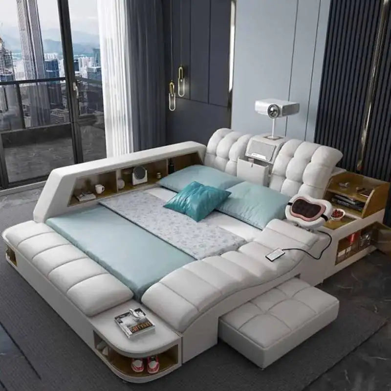 King Simple Double Bed Modern Headrest Storage Sleeping Queen Double Bed Smart Floor Luzko Wielofunkcyjne Furniture For...