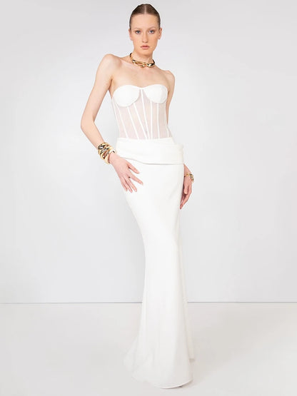 Sexy Women Two Piece Set Mesh Patchwoek Strapless Crop Top + Pleated Folds Slim Long Skirts Women's Sets Evening Party...