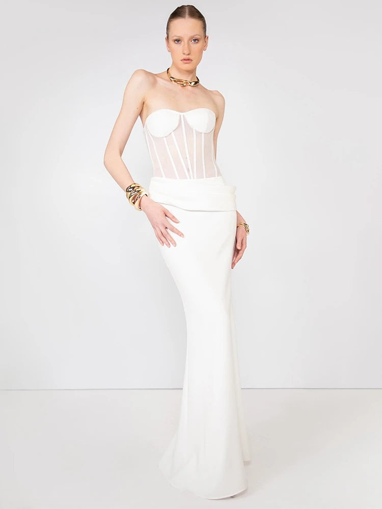 Sexy Women Two Piece Set Mesh Patchwoek Strapless Crop Top + Pleated Folds Slim Long Skirts Women's Sets Evening Party...