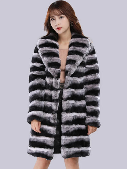 Rex Rabbit Fur Fur Coat Women's jacket Winter Warm Mink Coat Casual Medium Long Thick Trench Coat Plus Size Jacket striped 2025